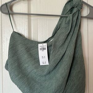 NWT - Abercrombie & Fitch Asymmetrical One-Shoulder Knotted Crinkle Top in Sage